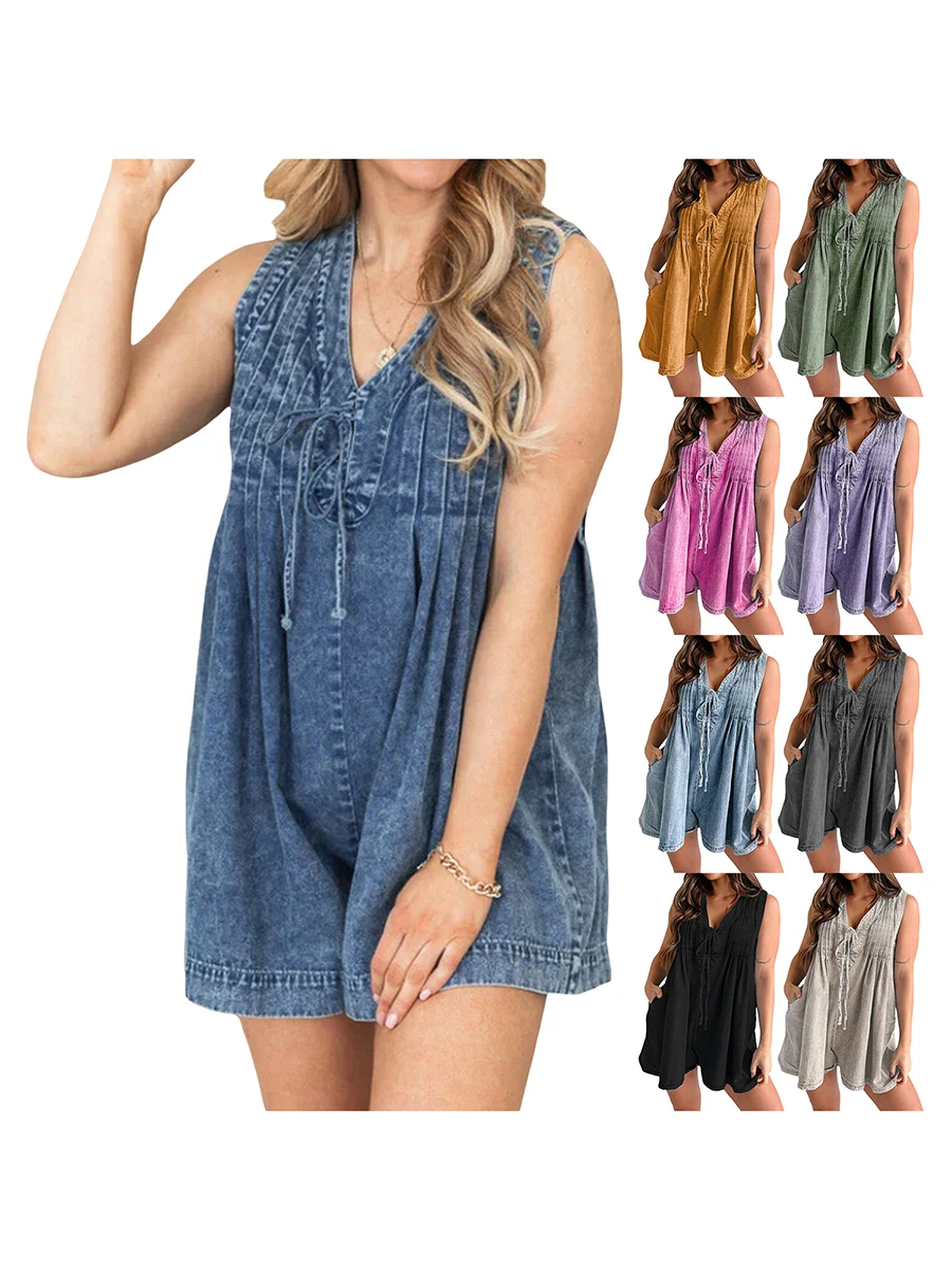 New Fashion Women\'s Demin Tank Top Jumpsuit Loose Pleated Tie Front V Neck Sleeveless Shorts Romper with Pockets for Summer