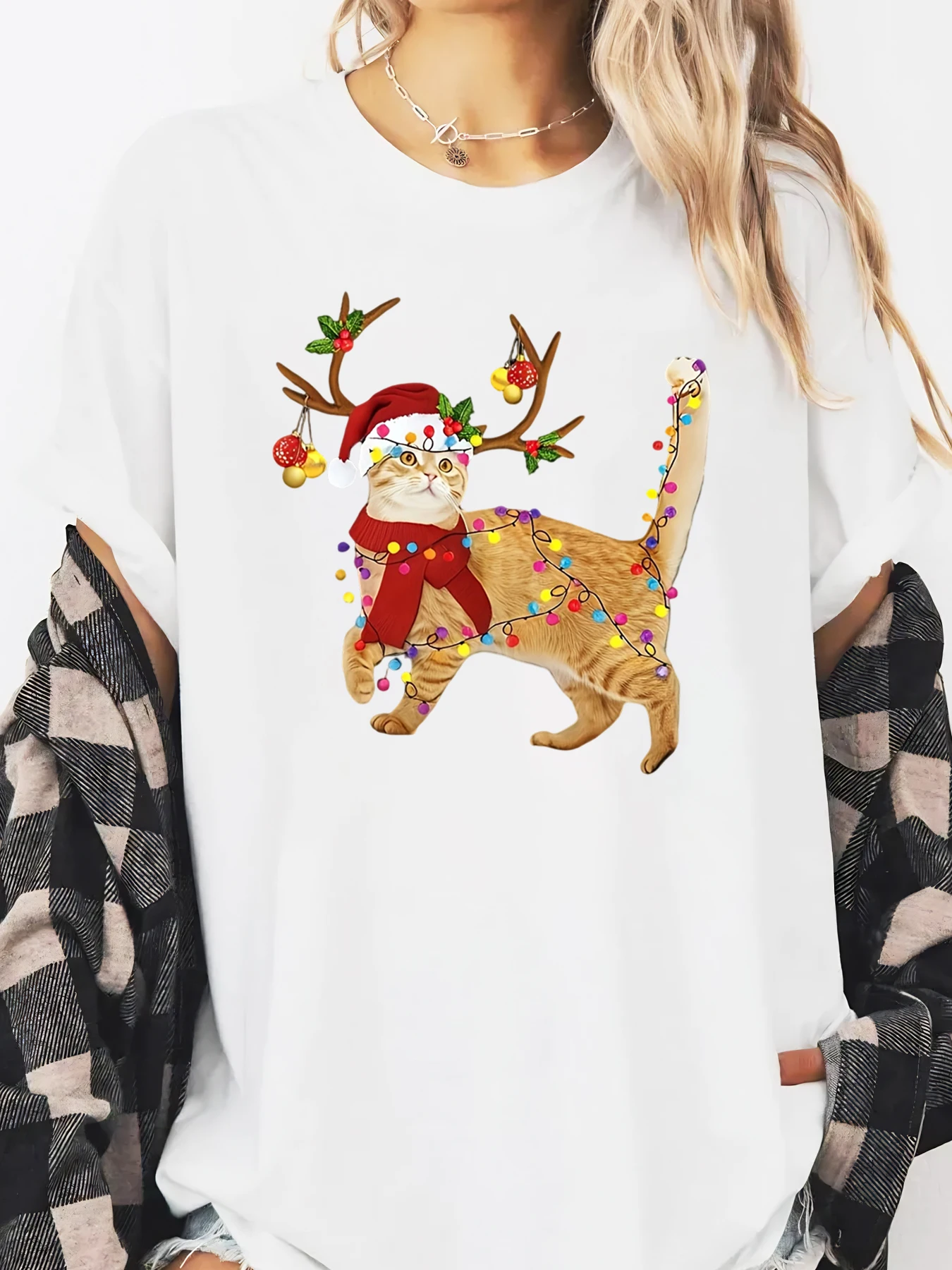 Christmas Cat with Reindeer Antlers and Lights Print Holiday T-Shirt Women Casual Wear White Plus-size