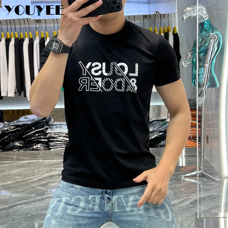 Men\'s Trend T-shirt Letter Printing Slim Fit Round Neck Youth Male Tees 2023 Summer Fashion Causal Versatile Blue Tops Clothing