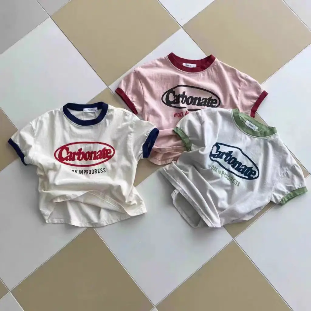 New T-shirts for infants and young children, men and women, simple and casual short-sleeved color matching summer letter tops