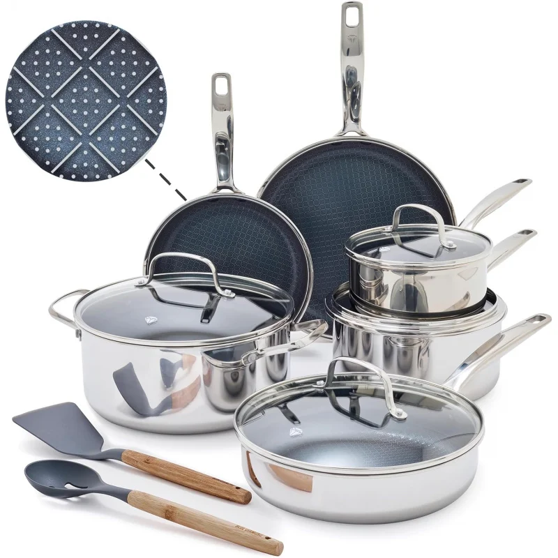 12Pcs Blue Hybrid Nonstick Cookware Set, Tri-Ply PFAS-Ceramic Stainless Steel Pots & Pans, Metal