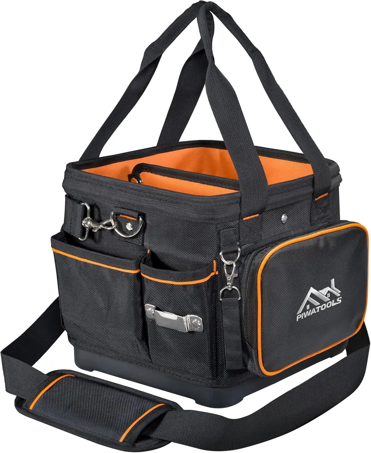 

38 Pocket Tool Bag, Hard Body Waterproof Molded Bottom, Open Top Tote with Detachable Divider, Padded Shoulder Strap, 1680D Ballistic