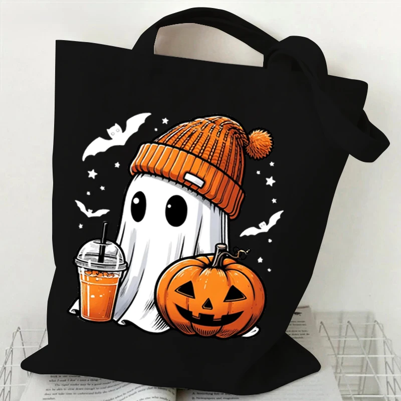 Funny Halloween Kids Tote Bags Cute Ghost Design Canvas Shopping Bag Funny Halloween Skeleton Pumpkin Print Purses and Handbags