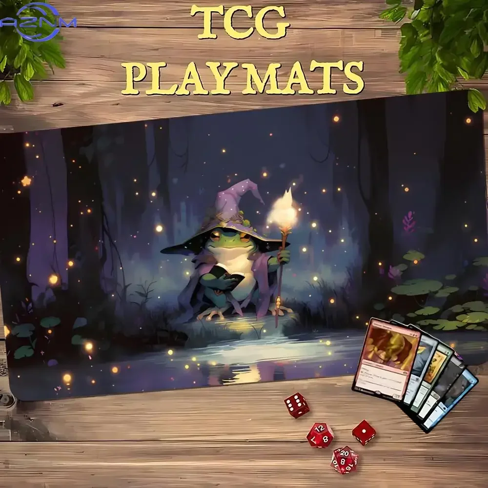 Cute Wizard Frog TCG Large Mousepad, Non-Slip Rubber Waterproof Extended Desk Mat, Magical Firefly Forest Art Playmat for Tradin