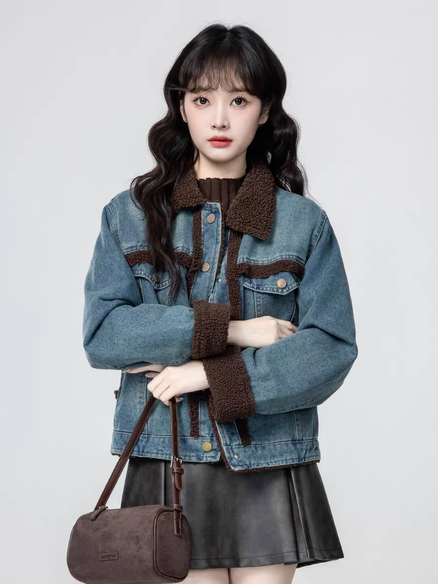 

Denim Coat Hip Hop Fur Plush Womens Fall Sculpted-Tailoring Minimalist Streetwear Trend Breathable Outcoats Buttoned Patchwork