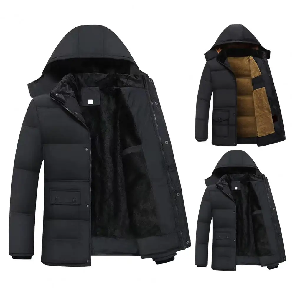 Thickened Down Coat Men's Hooded Down Jacket with Plush Lining Windproof Design Long Sleeve Zipper Closure Coat with Pockets