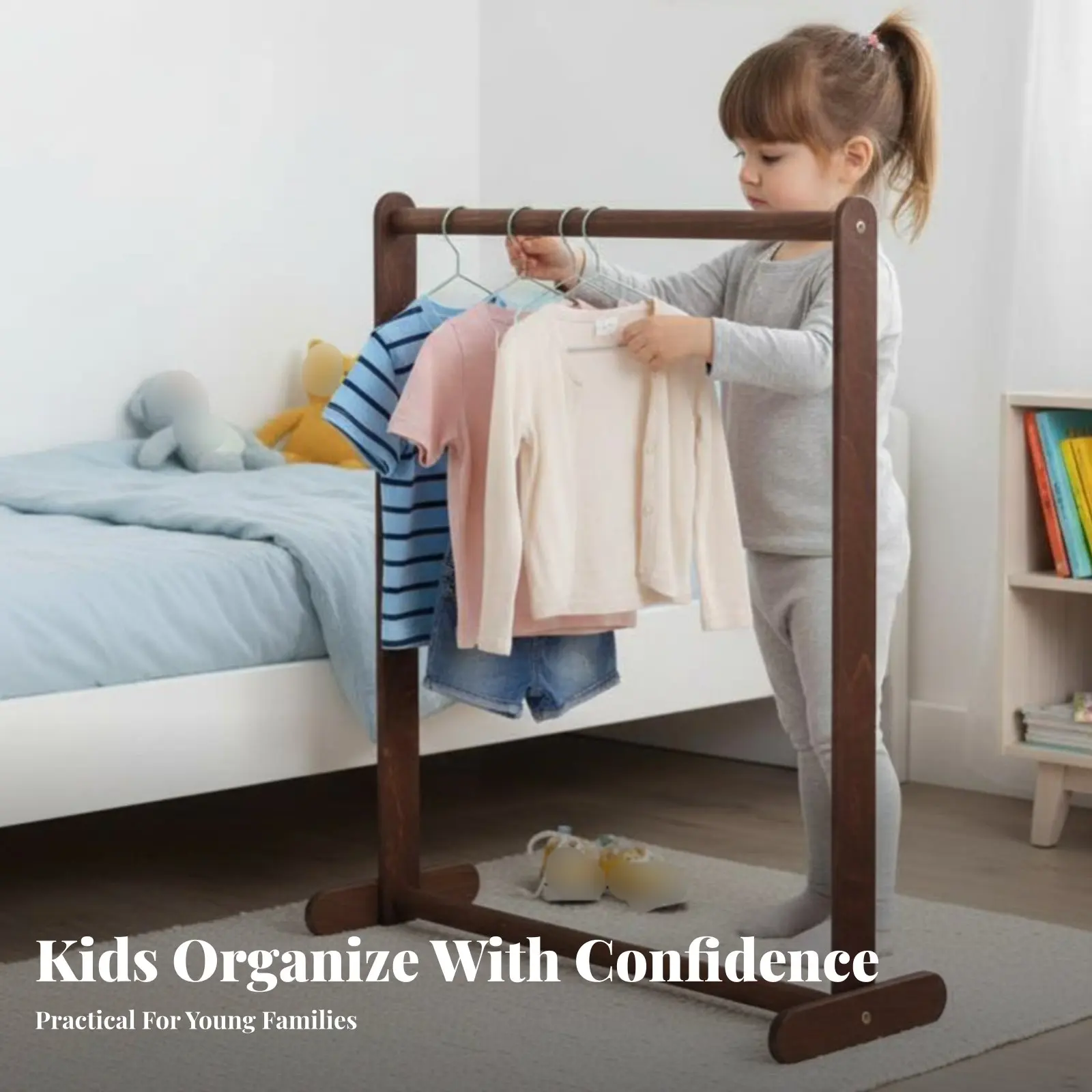 子供用衣類ラック、棚付き二段収納、子供用移動式洋服掛け、省スペース設計、多用途整理整頓