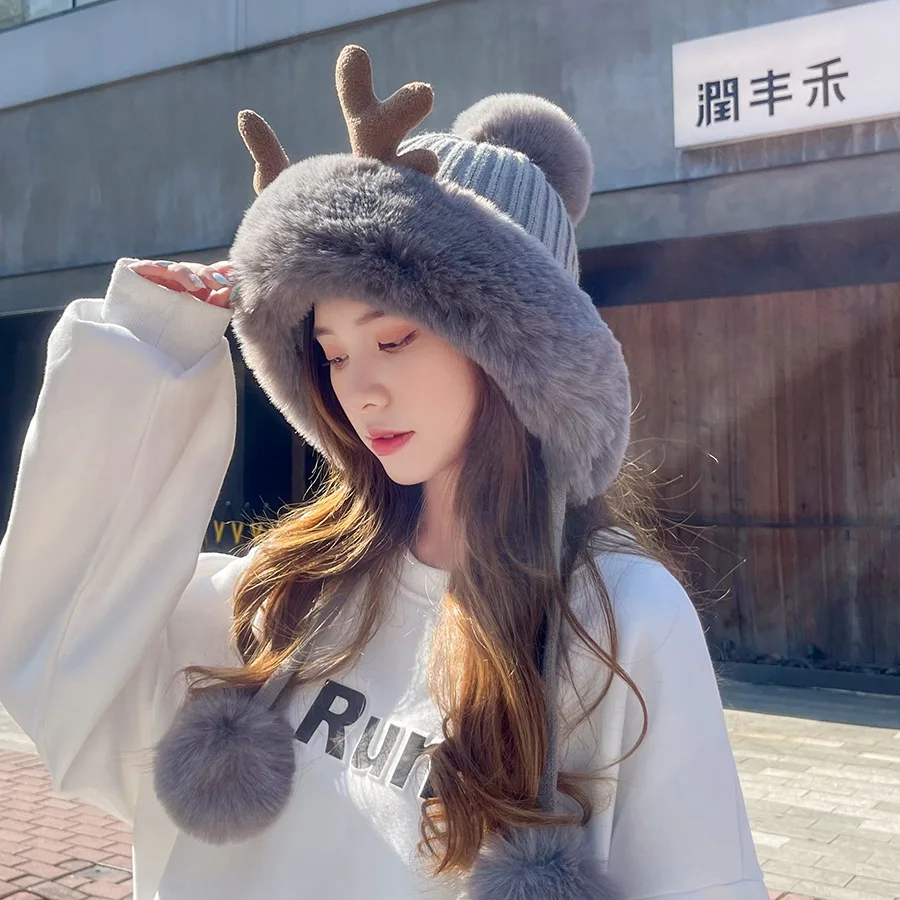 Winter Hat Ladies Antlers Faux Fur Pullover Hats Fashion Wild Christmas Cap Spring and Autumn Cold Protection Warm Cycling Caps