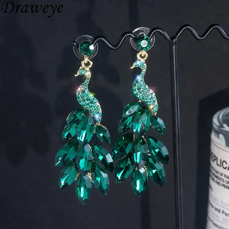 Draweye Crystal Peacock Jewelry for Women Vintage Elegant Korean Fashion Drop Earrings Green Banquet Pendientes Mujer