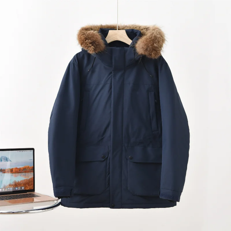 Casais pele de guaxinim com capuz jaquetas ao ar livre ferramentas 2025 inverno grande gola de pele das mulheres dos homens laranja solto pato branco azul marinho