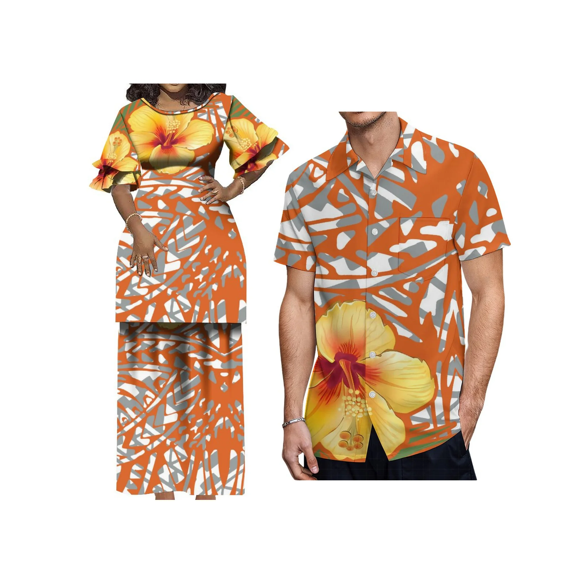 

Summer Petal Sleeve Elegant Long Dress Custom Polynesian Puletasi Double Set Dress Print Dress