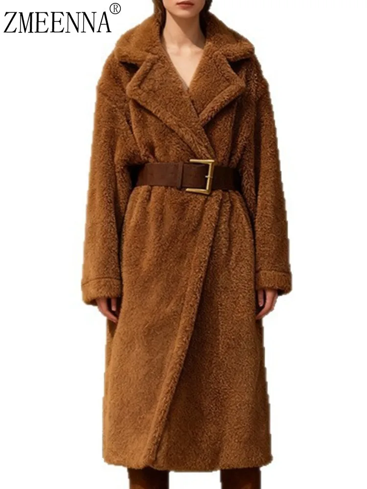 

ZMEENNA женское длинное искусственное пальто оверсайз пальто с широкими лацканами без пуговиц стиль с завязками на талии коричневый ZM4507