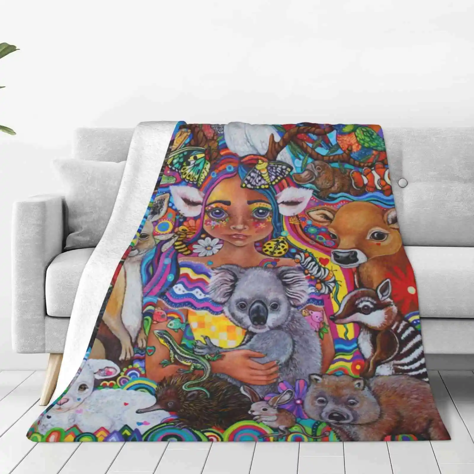 The Caretaker New Selling Custom Print Flannel Soft Blanket Australia Vegan Art Animal Rights Koala Kangaroo Cockatoo Echidna