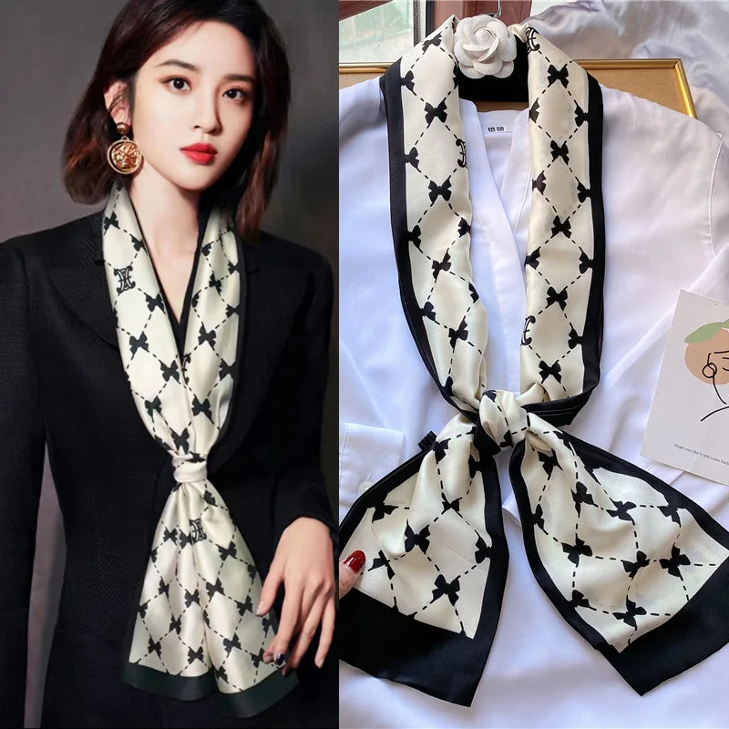 جديد صغير طويل وشاح حريري المرأة التعادل حقيبة عقال الحصان الطباعة هيرباند الأوشحة الكورية نمط منديل الشريط العلامة التجارية الفاخرة