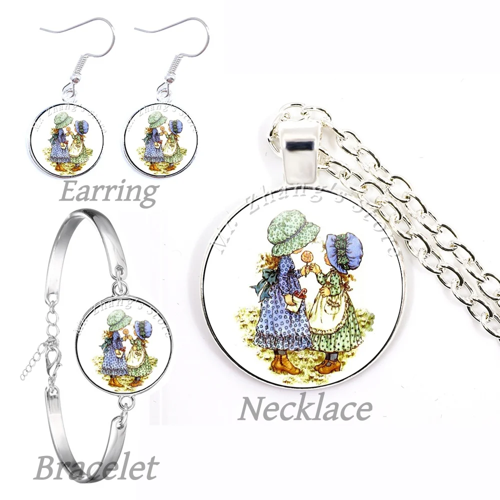 Metal Jewelry Set Hand drawn Cartoon Holly Hobbie Doll Glass Cabochon Round Necklace Bracelet Earrings Accessories Gift