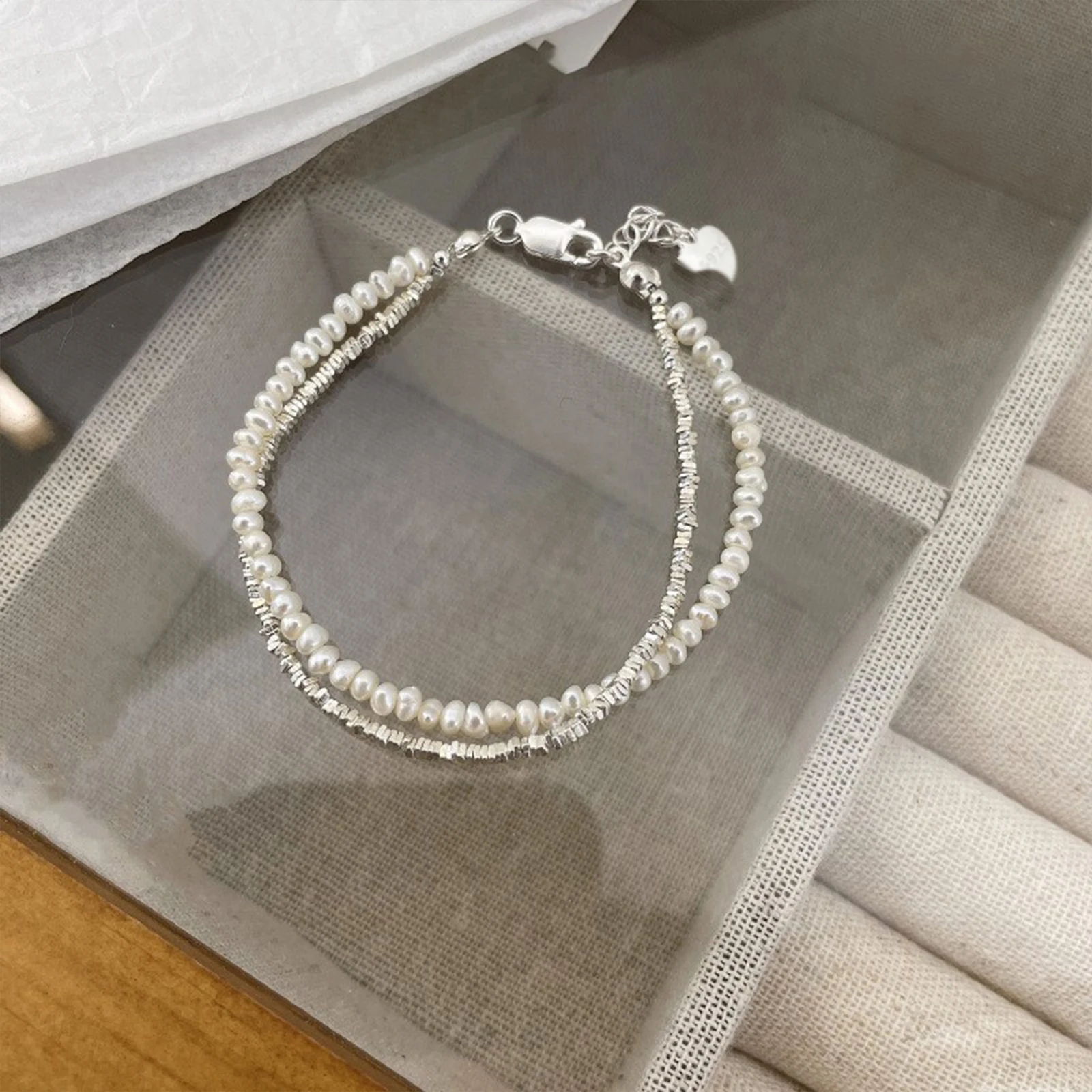 

925 Silver Double Layer Pearl Bracelet for Women Girl Design Bead Jewelry