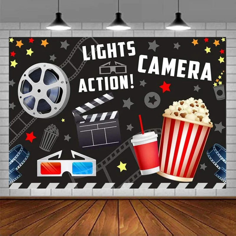 Photography Backdrop Birthday Party Decor Banner Photo Studio Booth Movie Night Lights Camera Action Dress-up Black Background