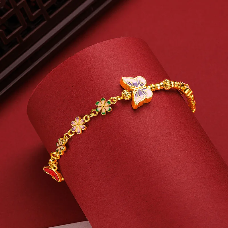 9999 24K genuine gold design with a fiery blue butterfly flower, light luxury and sparkling bouncing Di bead butterfly bracelet