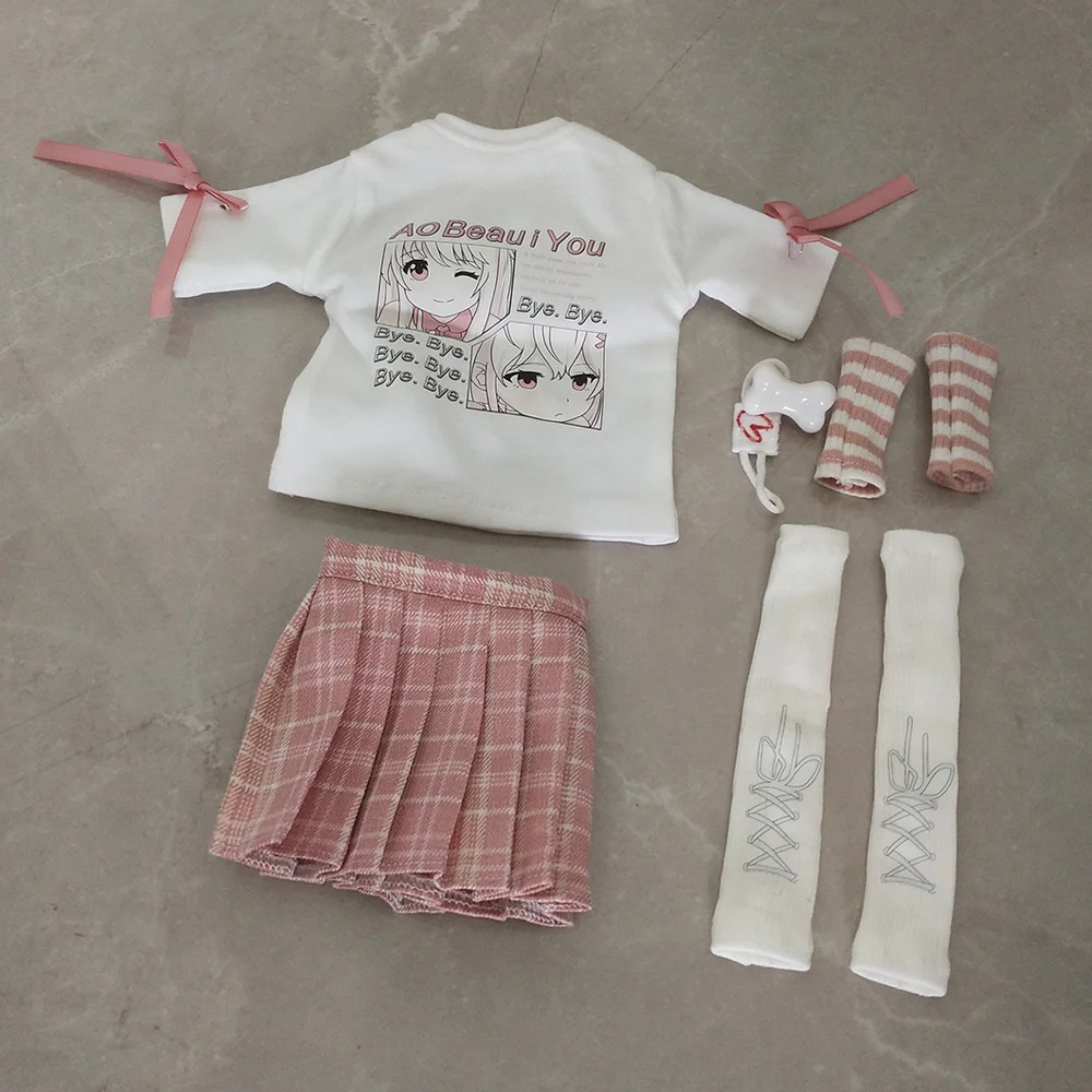 1/6 1/4 Doll's Clothes Suit for 28/45cm Bjd Doll Anime T-shirt Set Sweet Short Sleeved Dress Up Toys Doll Accessories, No Doll