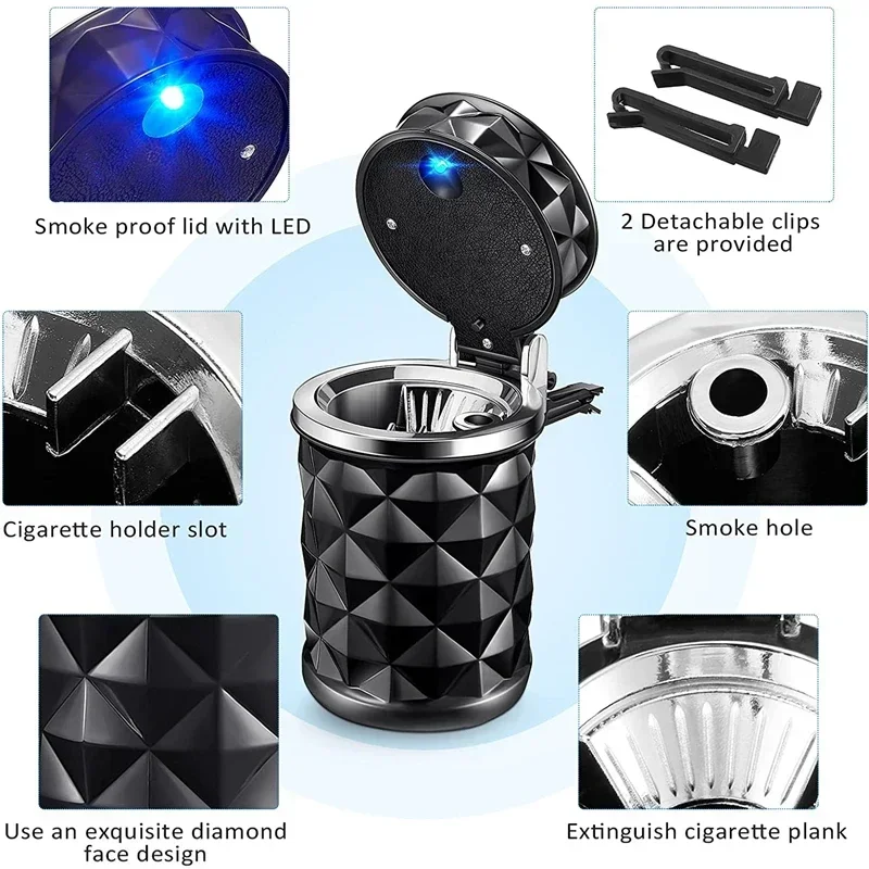 뚜껑과 LED 조명이 있는 자동차 컵홀더 여행용 재떨이, 장식용 시가 재통, 담배 재떨이, 자동차 쓰레기통