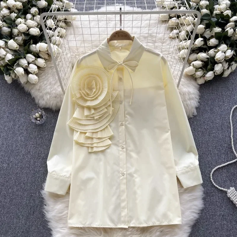 

Neploe Vintage 3d Flower Mid-length Shirts Women 2024 Autumn New Lapel Neck Blouses Y2k Long Sleeve Fairycore Blusas Mujer