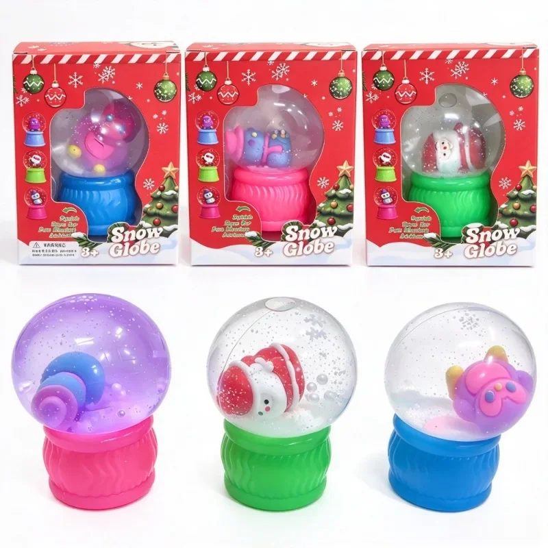 3 Pack Mini Snow Globe Christmas Toy Collectible Figures Pink Green Blue Base Kids Holiday Gift Stocking Stuffer