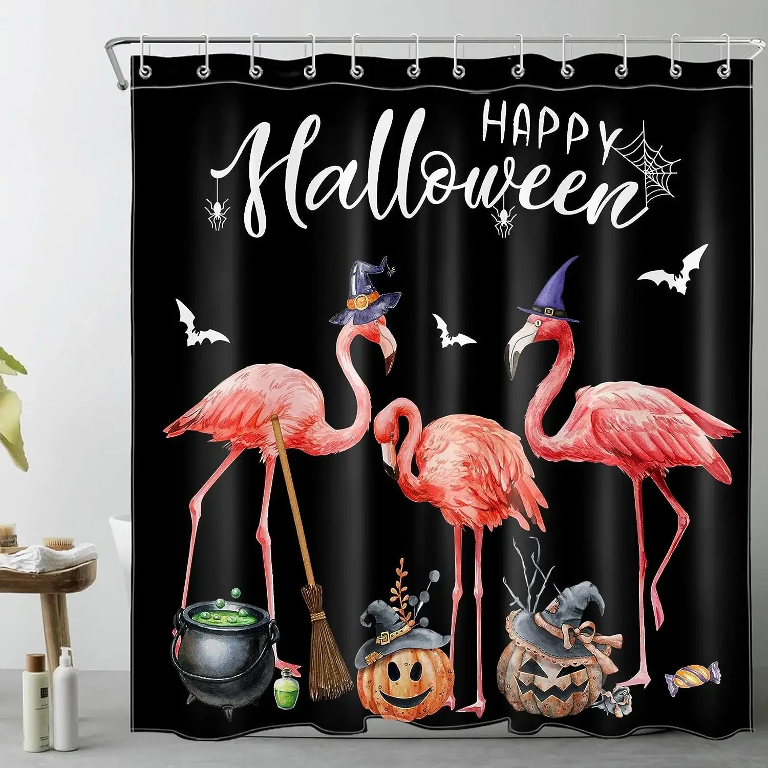 Pink Flamingo and Orange Pumpkin Magic Hat Broom Funny Animals Fabric Shower Curtain Scary Holiday Bathroom Decor Set With Hooks