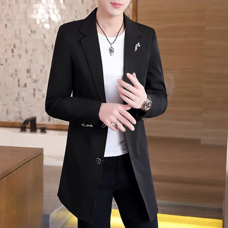 New Men\'s Business Casual Fashion Urban Korean Trend Slim Solid Color Small Suit Jacket Spring blazers long dress coat