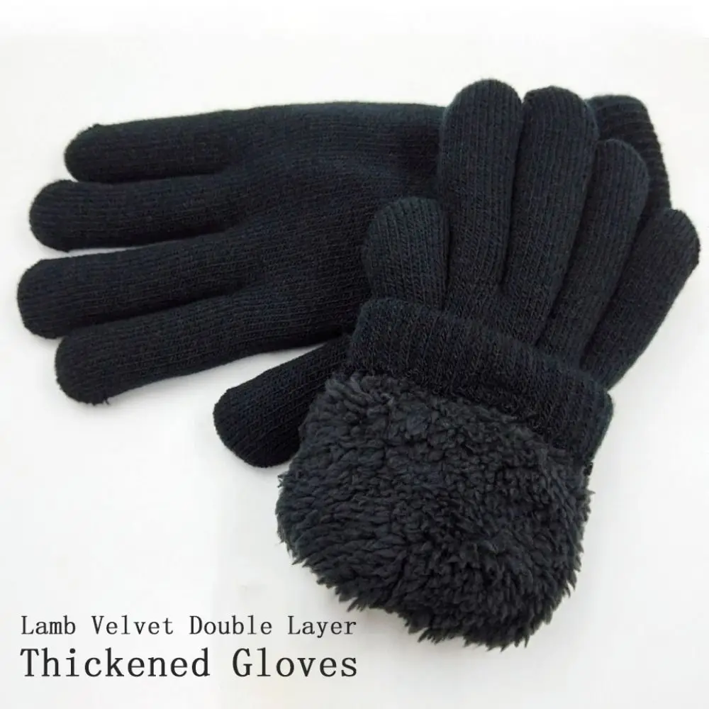 Fashion Boys Girl Winter Gloves Pure Color Lamb Velvet  Mittens Soft Warm Black Double Layer Male Thickened Gloves