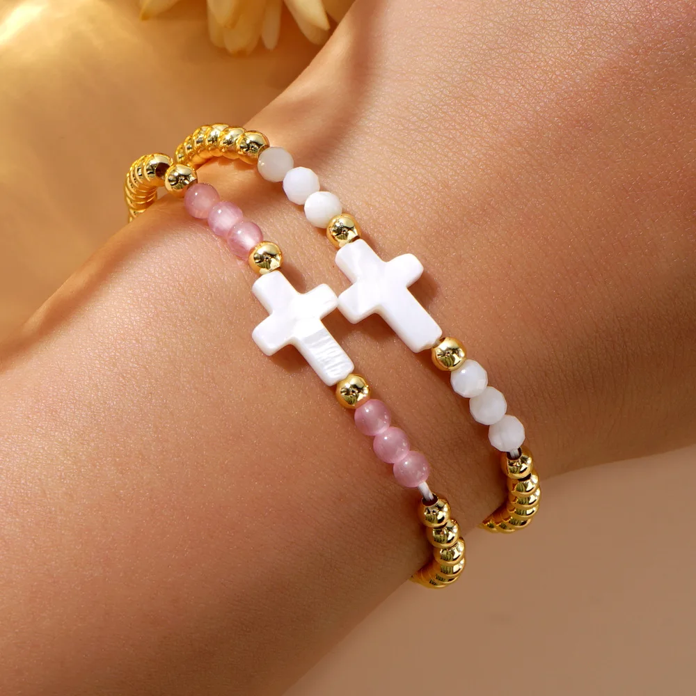 Beaded Bracelet 4mm White Dish Shell Pink cat eyes Semi precious Cross Copper Bead bangle for Women