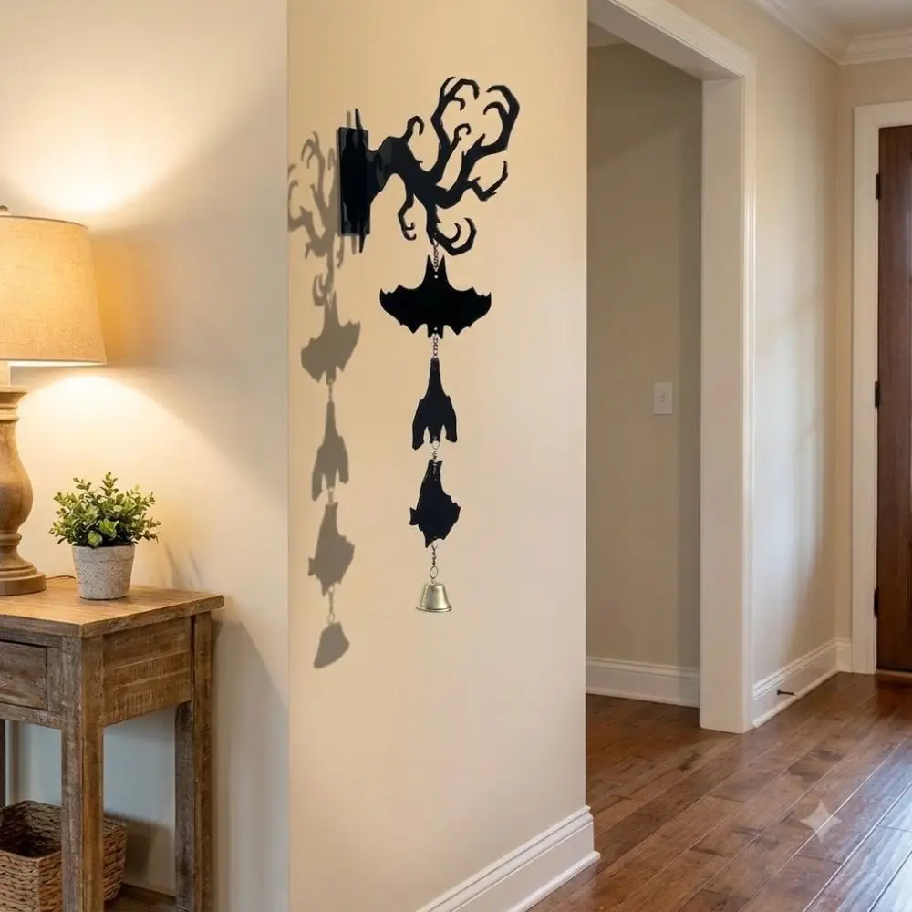 2D Flat Inverted Branch Bat Wind Chime with Bell Spooky Hanging Bat Pendant Acrylic Wall Mount Halloween Wind Chime Entryway