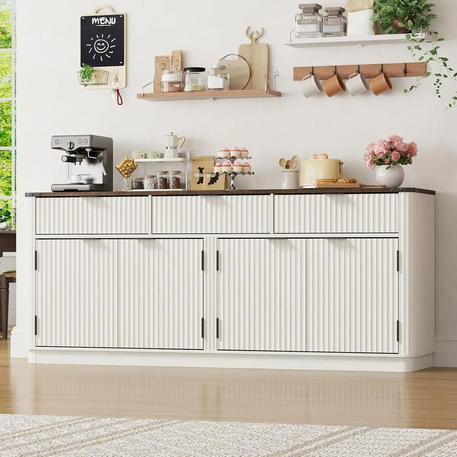 70” Rounded Edge Large Sideboard Buffet Cabinet with 3 Storage Drawers,Farmhouse Kitchen Fluted Sideboard Cabinet w, Customized