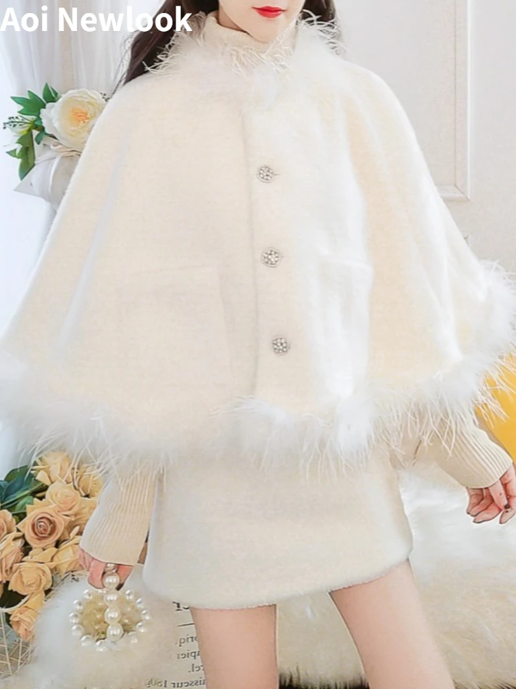 

Fashion Elegant White Woolen Suit Women's 2023 Autumn Winter New Mink Wool Cape Coat+High Waist Skirt Sweet Commuter 2-Piece Set