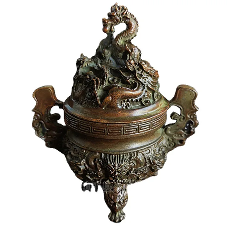 Bronze ware Three-legged pan dragon tall incense burner copper wire incense plate incense burner home office copper ware