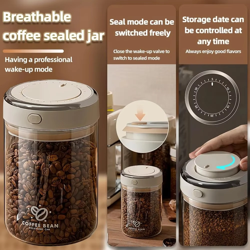 Vacuum Food Grade Coffee Bean Sealed Jar with Date Tracker and Waking Bean Valve Storage Containers for Grain Snack Sugar Tea