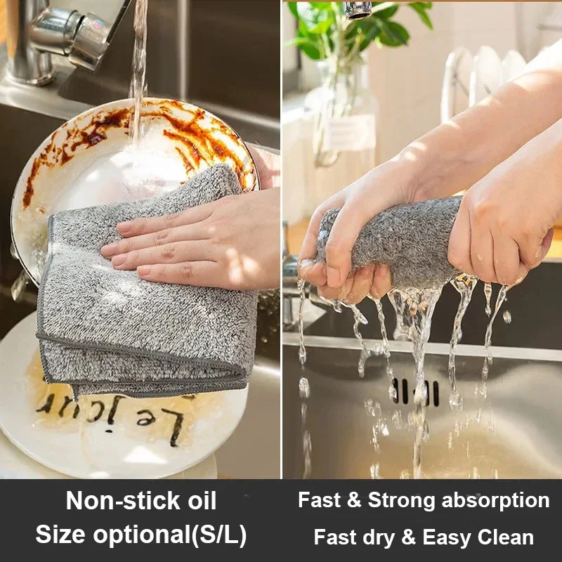 Multifunctional Bamboo Charcoal Fiber Grey Dish Washing Cloth Household Microfiber Cleaning Cloth Extra Thick Kitchen Towels Rag