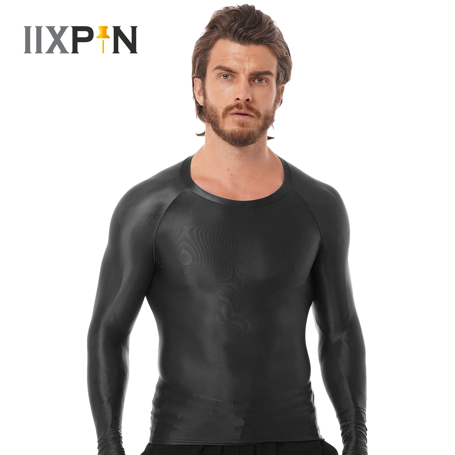 Mens Mens Glossy T-Shirts Tops Slim Fit Breathable Yoga Sports Tops Oil Shiny Long Sleeve Transparent T-shirt Running Undershirt