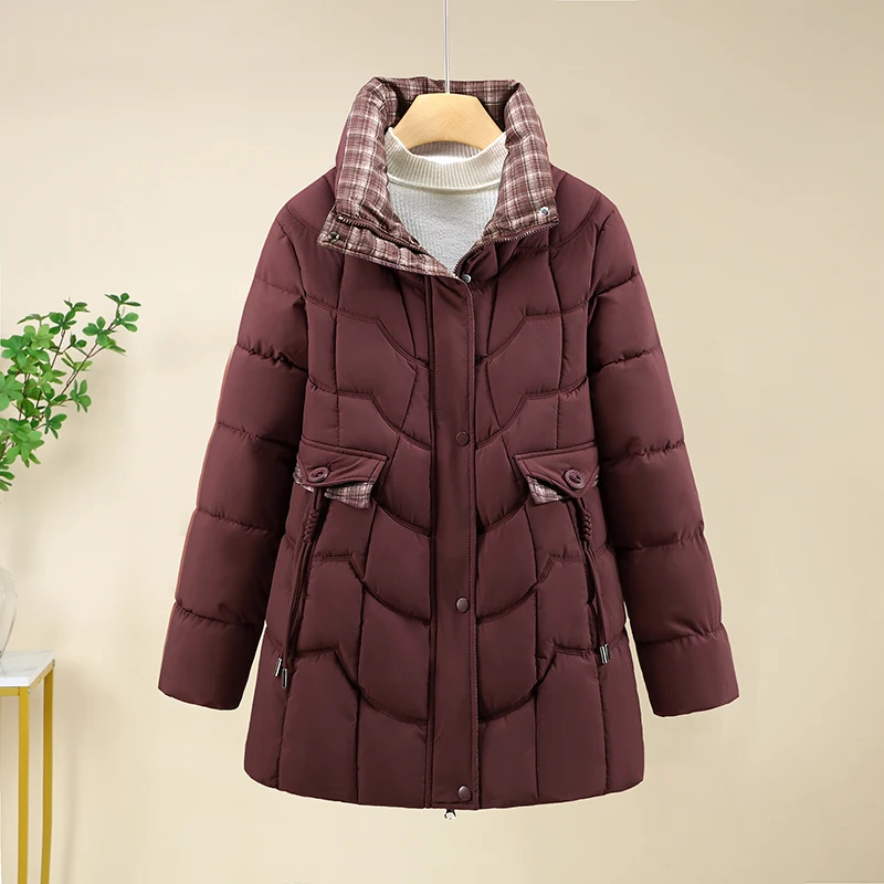 Autumn Winter Plaid Stand Collar Thiened Large Size Mommy's Coat Loose Waist Cotton down Jaet Women's Cotton Outerwear