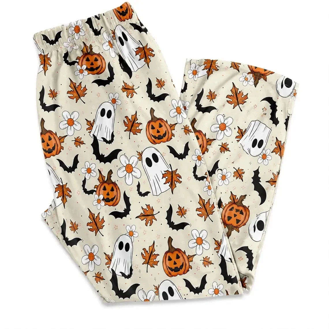 Retro-Halloween-Schlafanzug mit Gänseblümchen-, Ahornblatt- und Fledermaus-Motiven, lustigem kleinen Teufel-Kürbismuster, locker geschnittene und bequeme Hose – Detail 5