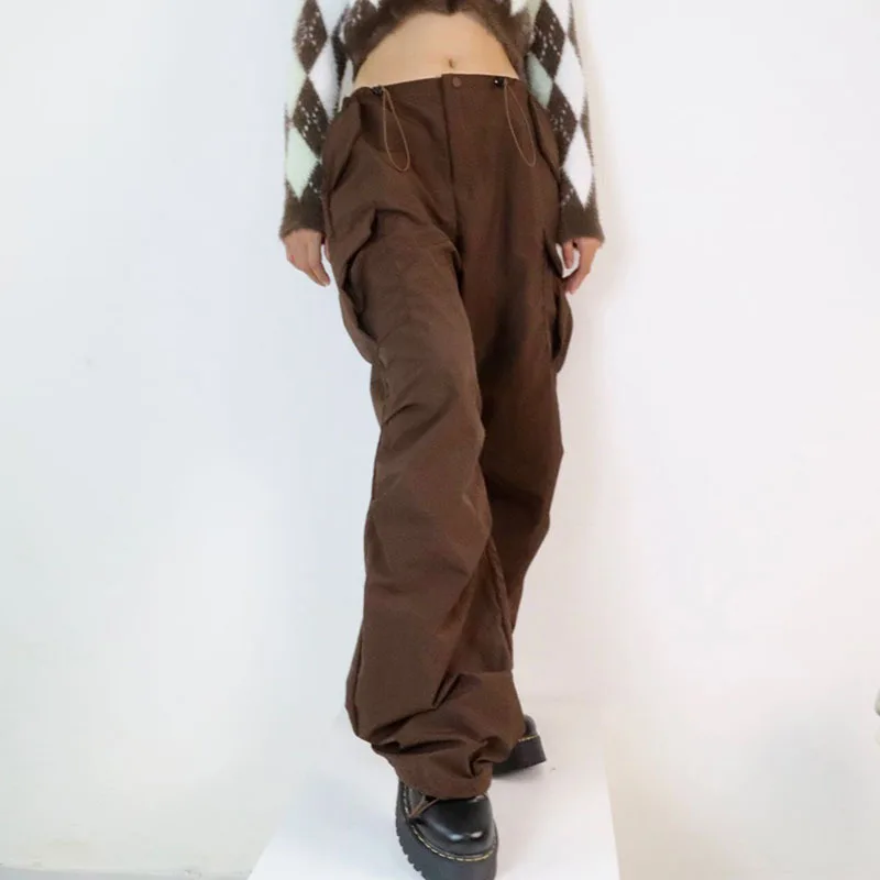 

Lairauiy Women Loose Y2K Cargo Vintage Trousers Solid Color Drawstring Low Waist Casual Long Pants with Multiple Pockets