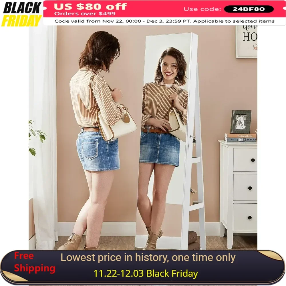 6 LEDs Lockable Mirror Cabinet, 360° Swivel Jewelry Organizer, Standing Jewelry Armoire, Frameless Full-Length Mirror,