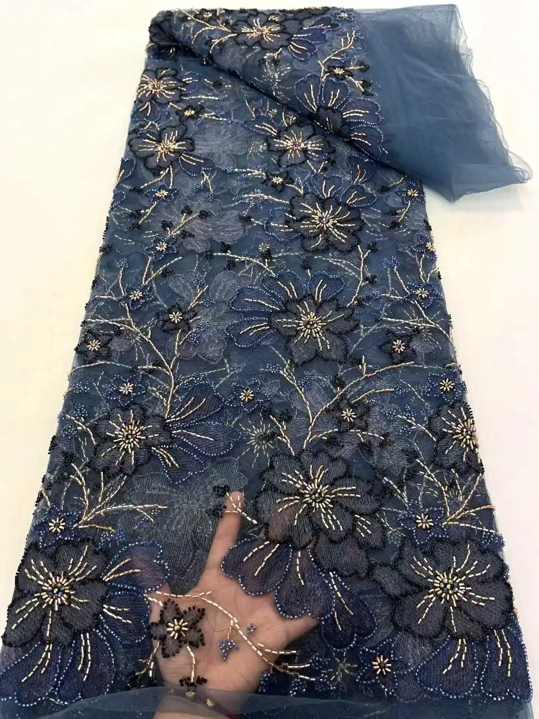 แอฟริกันผ้าลูกไม้Tulleผ้า 2025 ภาษาฝรั่งเศสคําสุทธิSequinsผ้าเย็บผ้าเย็บปักถักร้อยลูกปัดลูกไม้Tulleตาข่ายไนจีเรียชุด 5 หลา