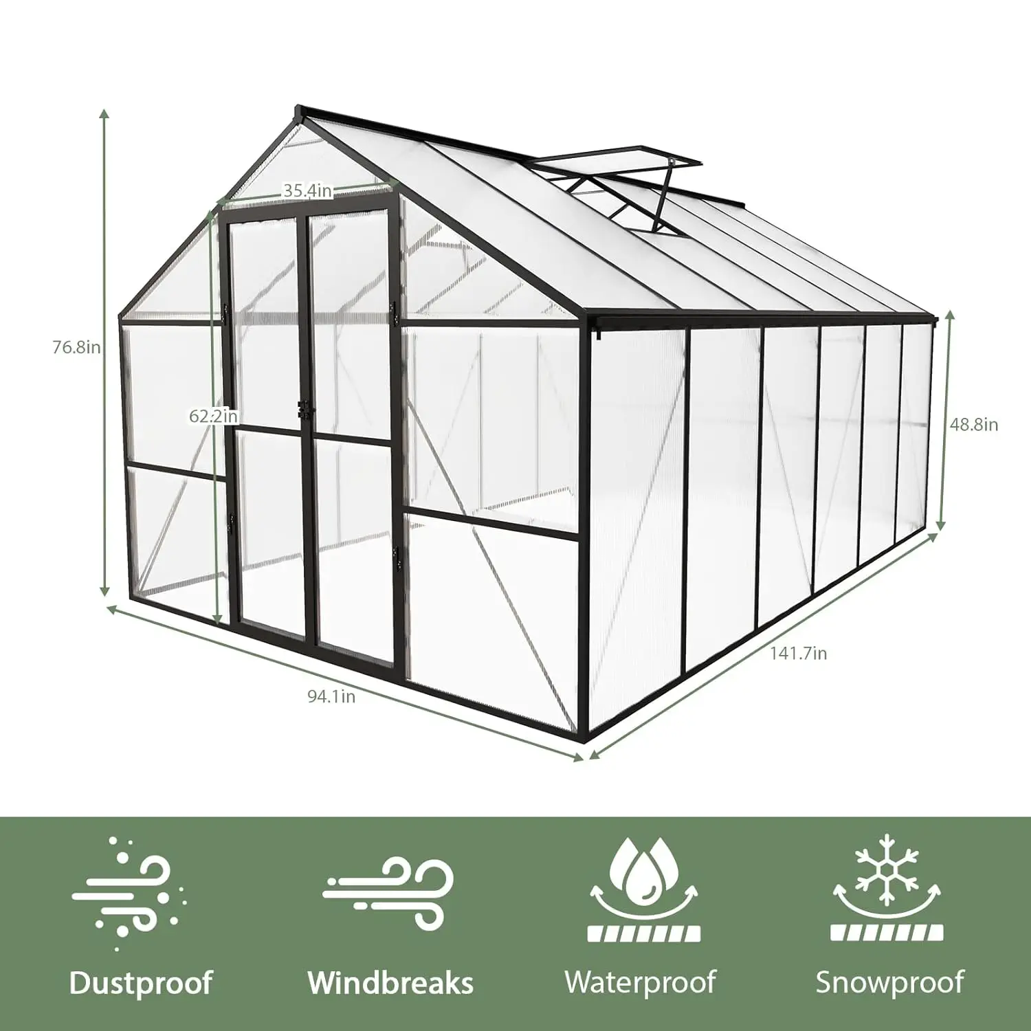 

Polycarbonate Greenhouse 8x12 Heavy Duty Reinforced Aluminum Frame Garden Hot House All Weather Plant Growth Shelter Pro New