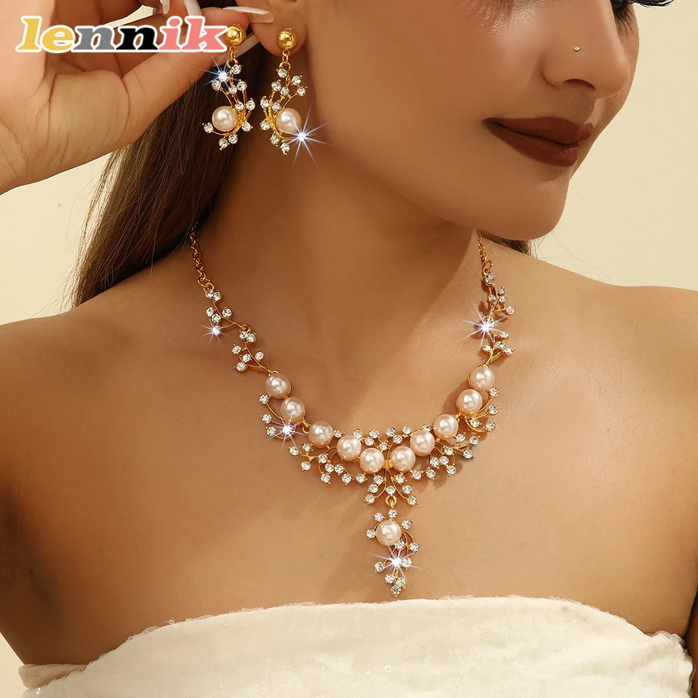 LENNIK High-End-Set mit Imitationsperlen und Strasssteinen, Braut-Hochzeits-Halsketten-Ohrringe, 2-teilig, Geburtstagsgeschenk für Frauen, eleganter Schmuck