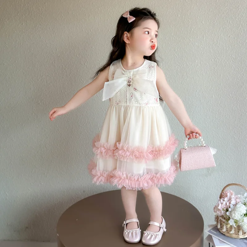 2026 New Girls Rainbow Gauze Dress Childrens Summer Style Fluffy Baby Cake Princess Dress