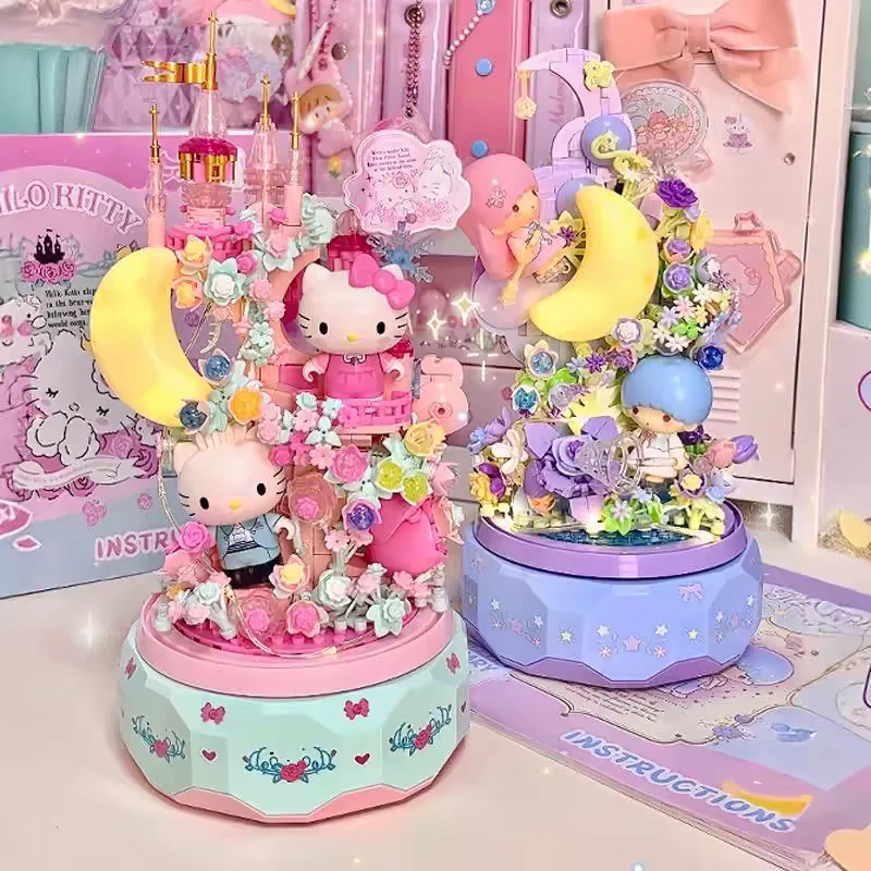 Новый Sanrio Hello Kitty And Gemini Diy Eight Music Box Строительные блоки Игрушки для родителей и детей Интерактивные игрушки Подарки на день рождения для девочки