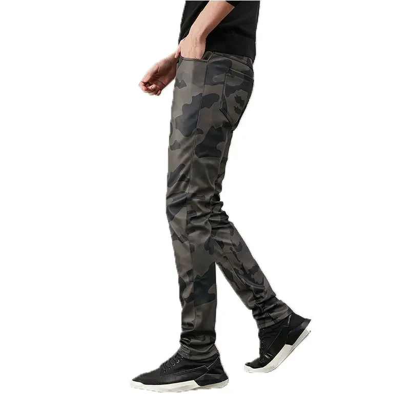 

2024 Men's New Camouflage Straight-Leg Trousers Youth Slim Thin Motorcycle Leather Pants