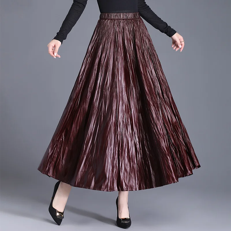 Elastic Waist Pleated Leather Skirt Half Body Skirt for Women Autumn Fashion Retro High Waist Slimming Versatile A-line Skirt