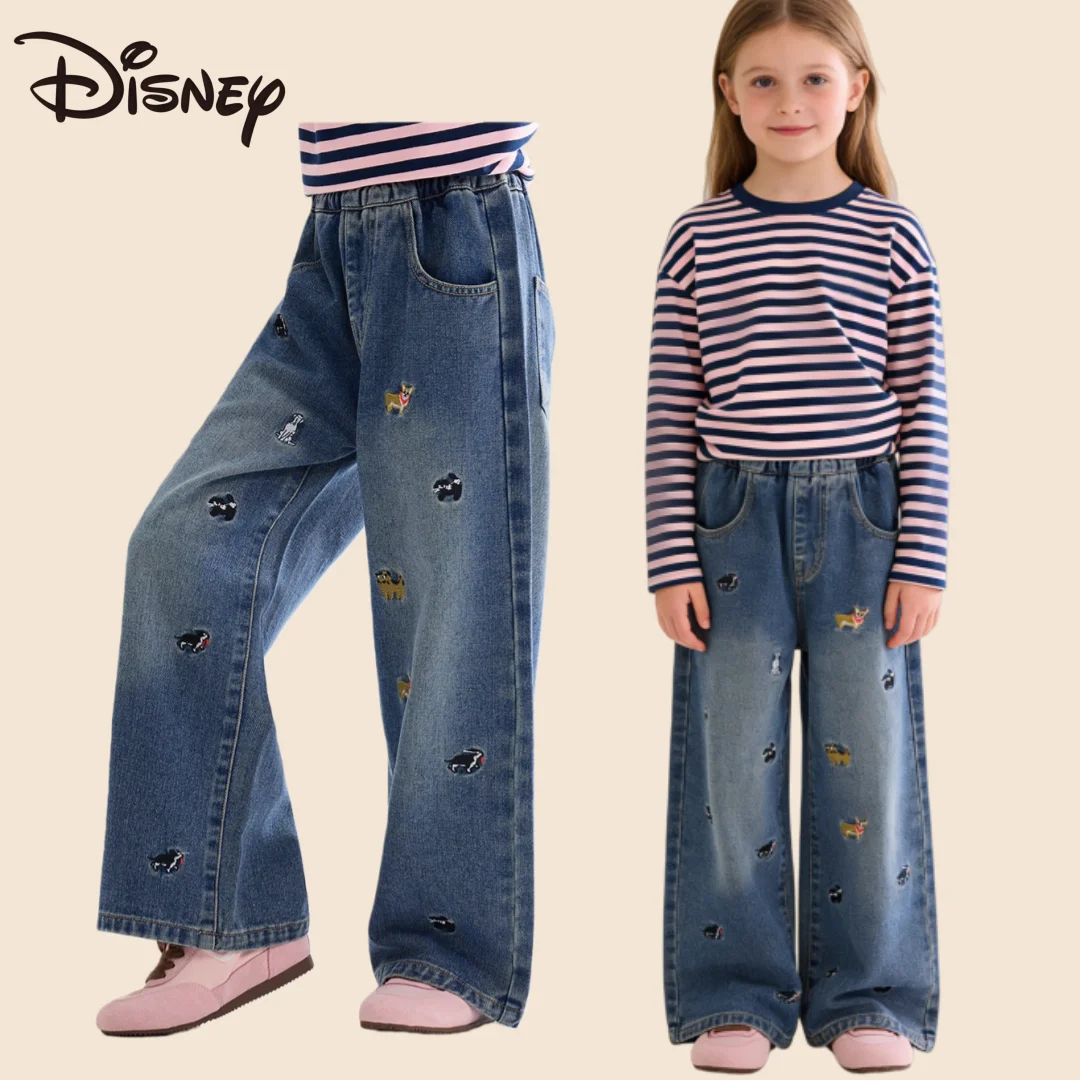 

Детские джинсы с вышивкой Disney, удобные, мягкие, дышащие, прочные брюки для девочек, весенне-осенние игривые милые джинсы свободного кроя для отдыха