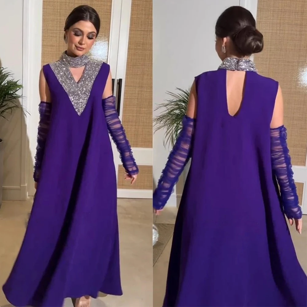 

Purple Straight Evening Dress High Neck Sleeveless with Sequin and Jersey Women Customized Ankle Length Wedding Party Gowns